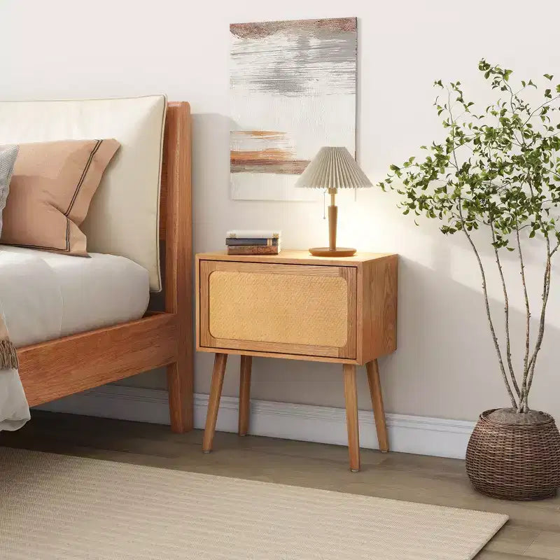 Comodino a Mezzaluna Marrone con Cassetto, Stile Rattan Mid-Century Moderno, Uso Singolo