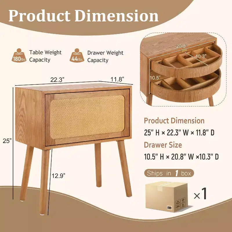 Comodino a Mezzaluna Marrone con Cassetto, Stile Rattan Mid-Century Moderno, Uso Singolo