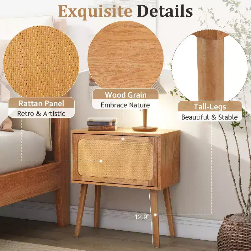 Comodino a Mezzaluna Marrone con Cassetto, Stile Rattan Mid-Century Moderno, Uso Singolo