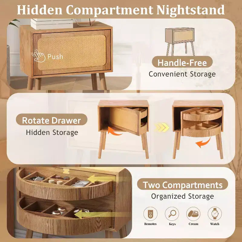 Comodino a Mezzaluna Marrone con Cassetto, Stile Rattan Mid-Century Moderno, Uso Singolo