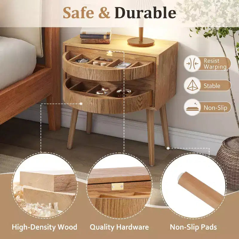 Comodino a Mezzaluna Marrone con Cassetto, Stile Rattan Mid-Century Moderno, Uso Singolo
