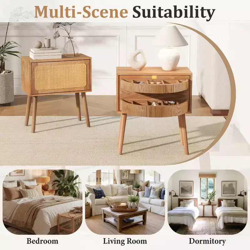 Comodino a Mezzaluna Marrone con Cassetto, Stile Rattan Mid-Century Moderno, Uso Singolo