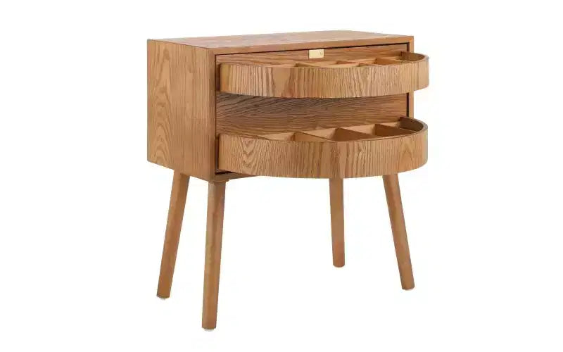 Comodino a Mezzaluna Marrone con Cassetto, Stile Rattan Mid-Century Moderno, Uso Singolo