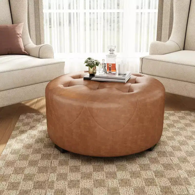 Ottoman rotondo trapuntato color beige/marrone, similpelle/misto lino, 1 persona