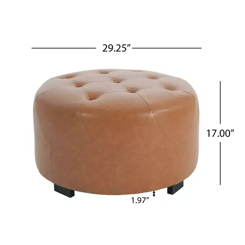Ottoman rotondo trapuntato color beige/marrone, similpelle/misto lino, 1 persona