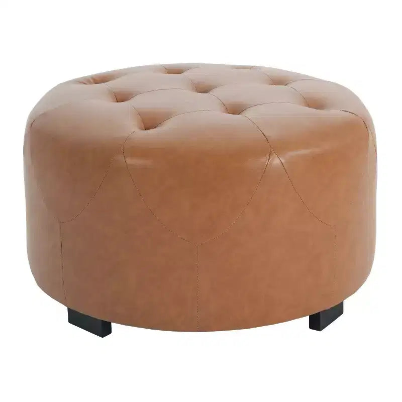 Ottoman rotondo trapuntato color beige/marrone, similpelle/misto lino, 1 persona