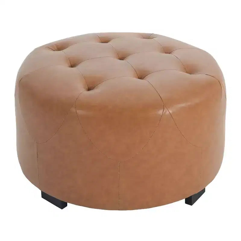 Ottoman rotondo trapuntato color beige/marrone, similpelle/misto lino, 1 persona