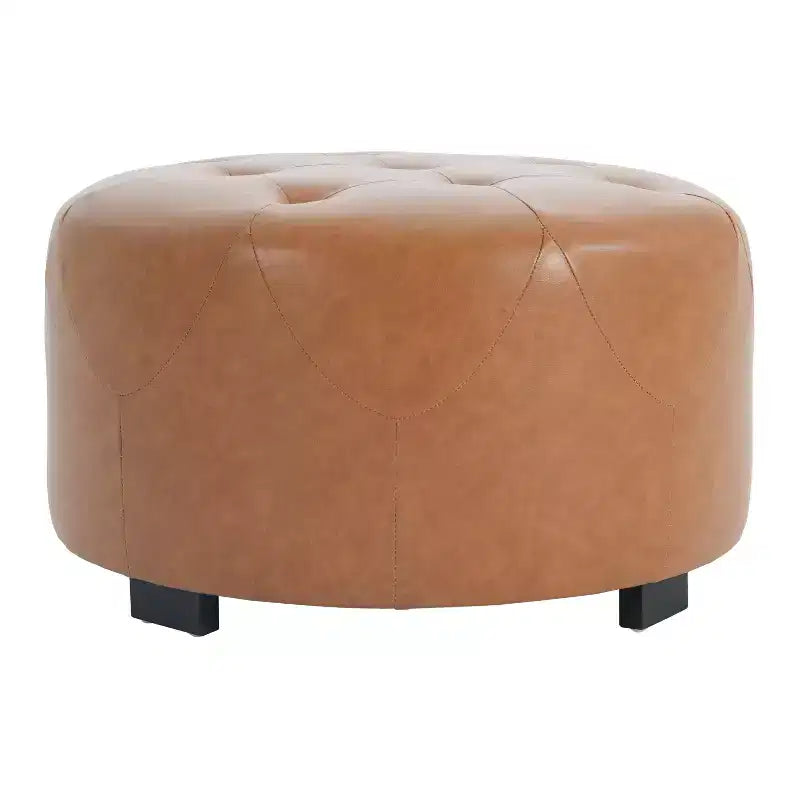 Ottoman rotondo trapuntato color beige/marrone, similpelle/misto lino, 1 persona