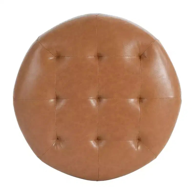 Ottoman rotondo trapuntato color beige/marrone, similpelle/misto lino, 1 persona