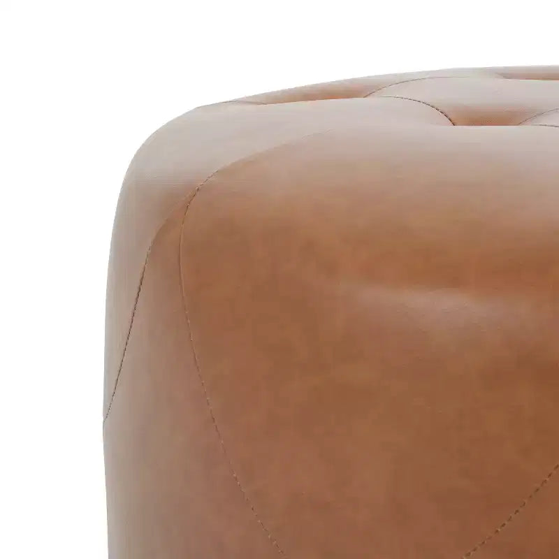 Ottoman rotondo trapuntato color beige/marrone, similpelle/misto lino, 1 persona