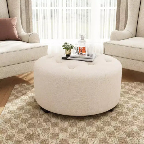 Ottoman rotondo trapuntato color beige/marrone, similpelle/misto lino, 1 persona