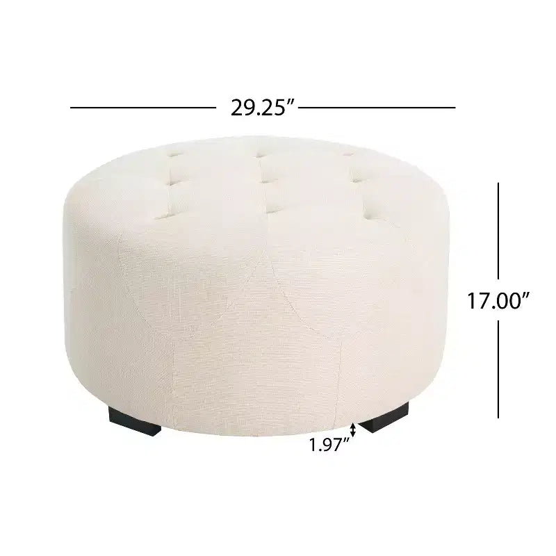 Ottoman rotondo trapuntato color beige/marrone, similpelle/misto lino, 1 persona