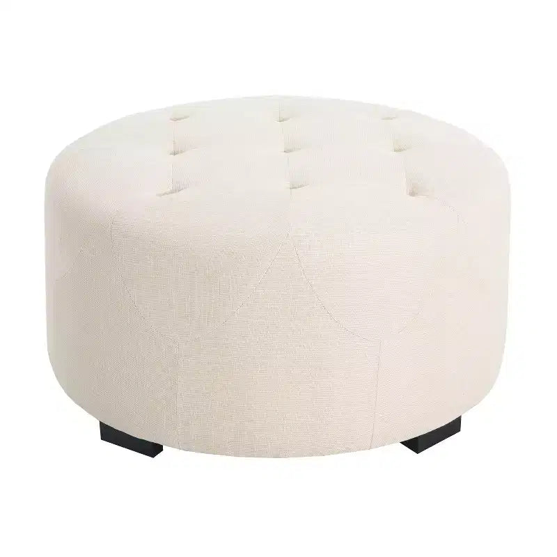 Ottoman rotondo trapuntato color beige/marrone, similpelle/misto lino, 1 persona