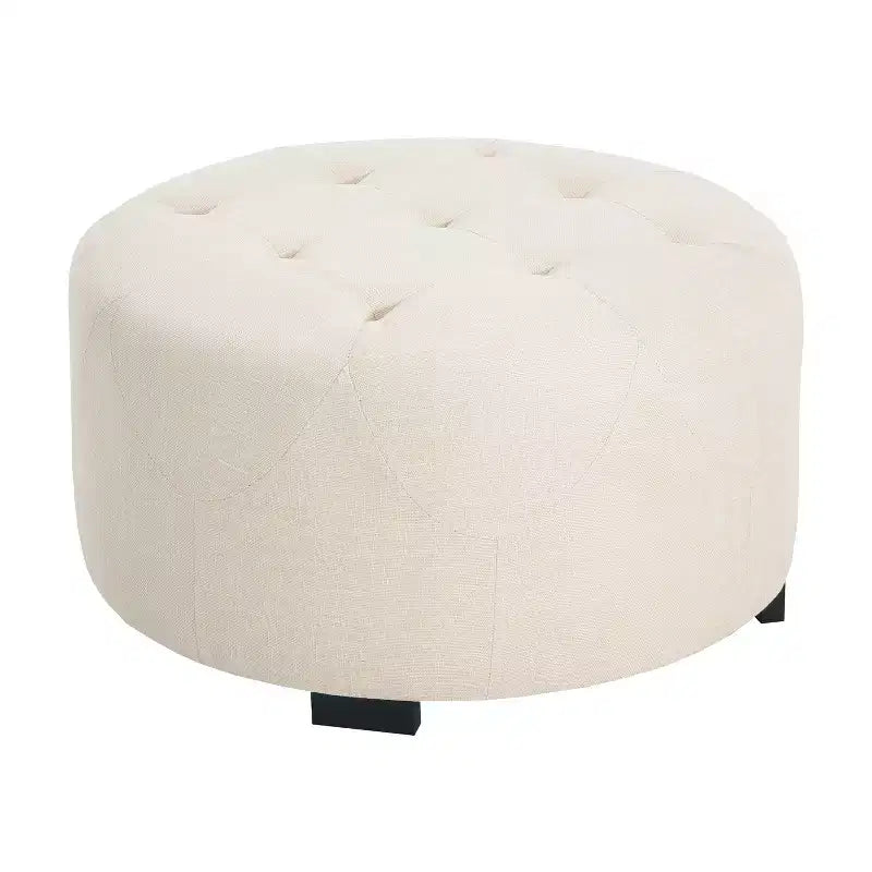 Ottoman rotondo trapuntato color beige/marrone, similpelle/misto lino, 1 persona