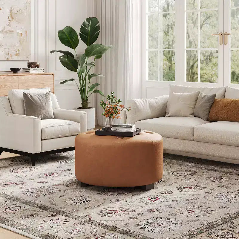 Ottoman rotondo trapuntato color beige/marrone, similpelle/misto lino, 1 persona