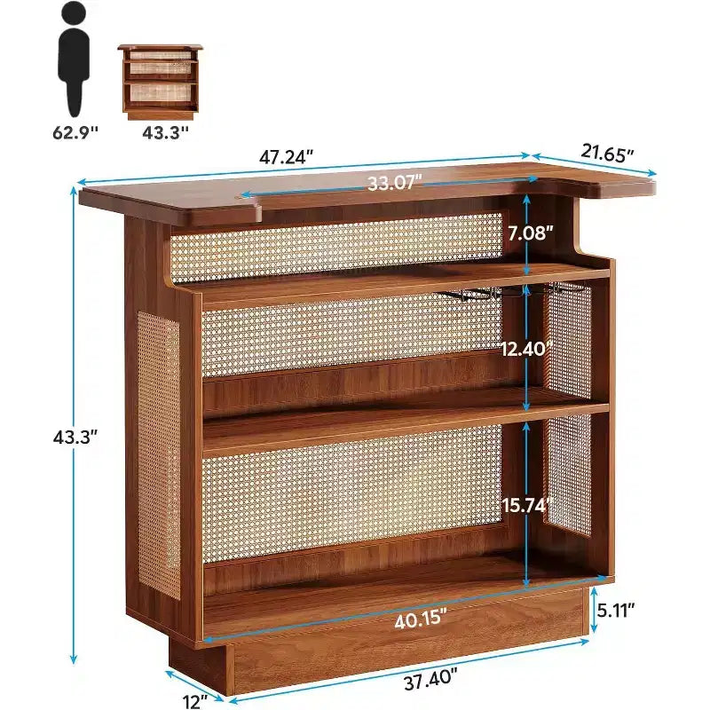 Mobile Bar da Casa a 4 Ripiani in Rattan Marrone Caramello Stile Rustico con Porta Bicchieri, 1-2 Persone