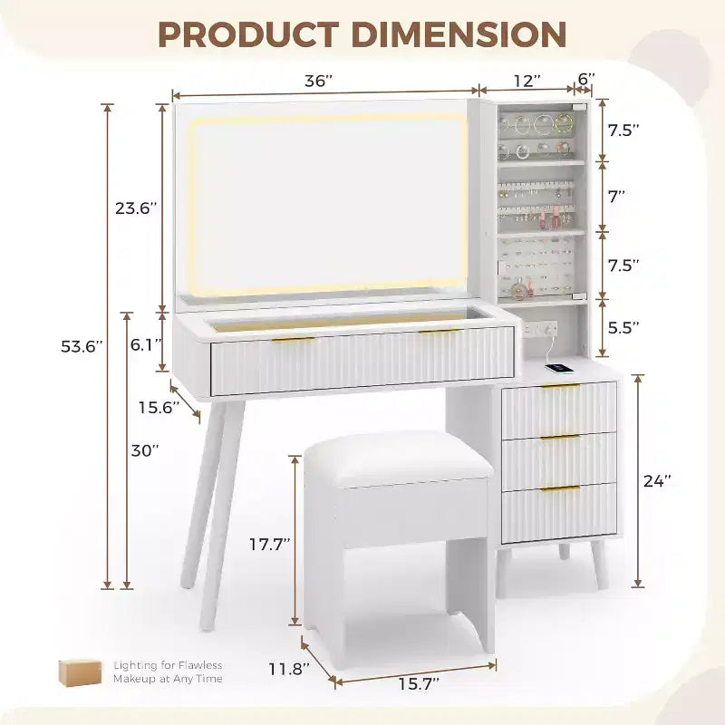 Set scrivania toeletta scanalata da 48" con specchio illuminato, stazione di ricarica e sgabello contenitore – Nero / Bianco / Legno, 1 persona