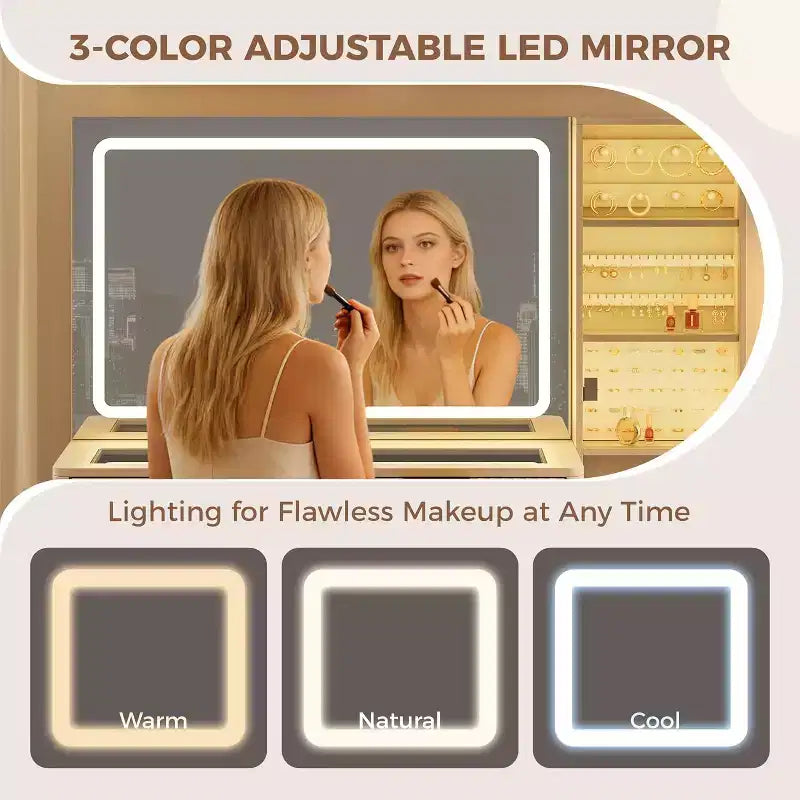 Set scrivania toeletta scanalata da 48" con specchio illuminato, stazione di ricarica e sgabello contenitore – Nero / Bianco / Legno, 1 persona