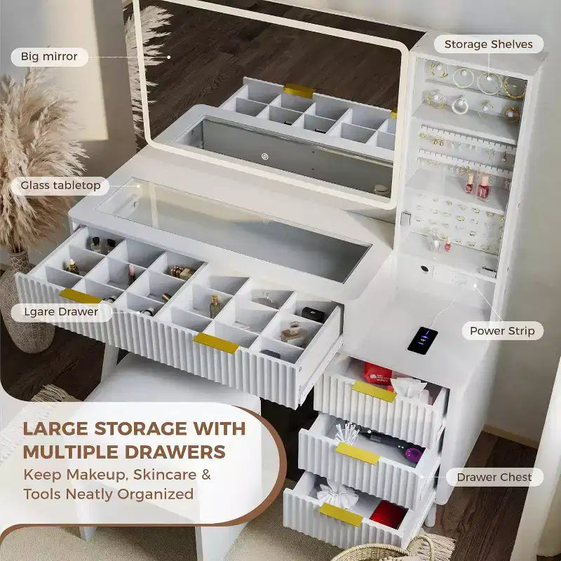 Set scrivania toeletta scanalata da 48" con specchio illuminato, stazione di ricarica e sgabello contenitore – Nero / Bianco / Legno, 1 persona