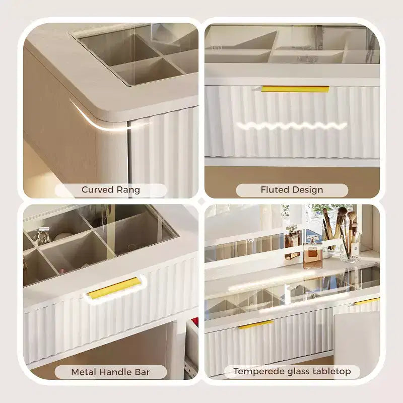Set scrivania toeletta scanalata da 48" con specchio illuminato, stazione di ricarica e sgabello contenitore – Nero / Bianco / Legno, 1 persona