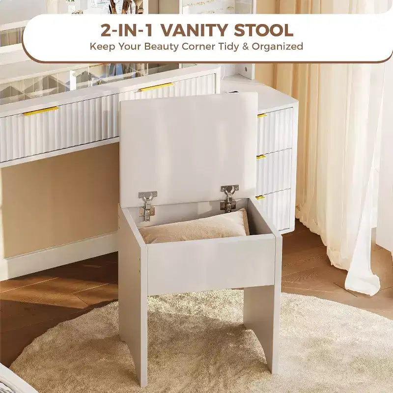 Set scrivania toeletta scanalata da 48" con specchio illuminato, stazione di ricarica e sgabello contenitore – Nero / Bianco / Legno, 1 persona