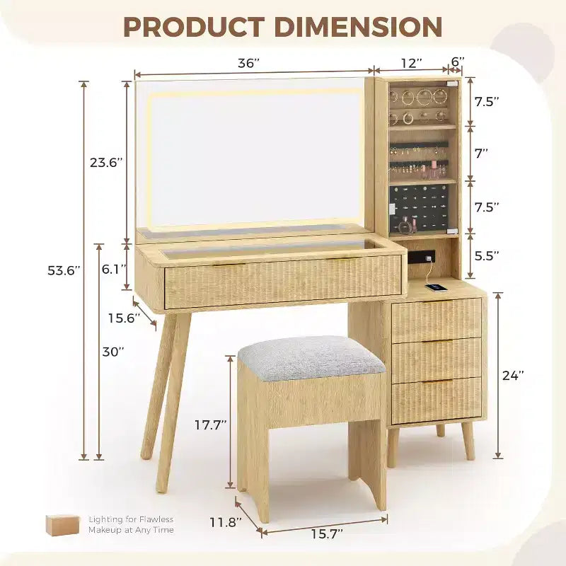 Set scrivania toeletta scanalata da 48" con specchio illuminato, stazione di ricarica e sgabello contenitore – Nero / Bianco / Legno, 1 persona
