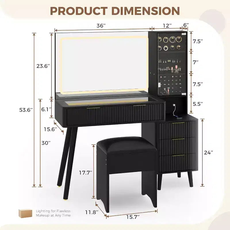 Set scrivania toeletta scanalata da 48" con specchio illuminato, stazione di ricarica e sgabello contenitore – Nero / Bianco / Legno, 1 persona