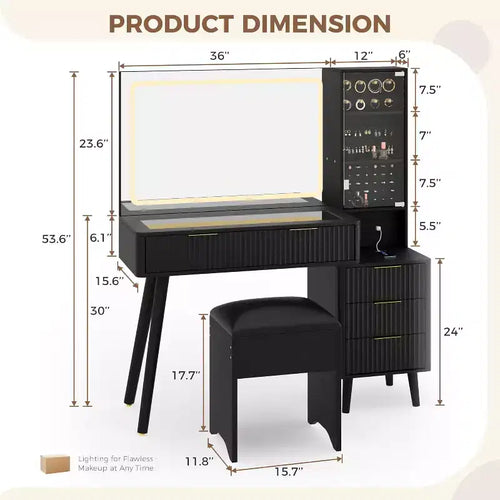 Set scrivania toeletta scanalata da 48" con specchio illuminato, stazione di ricarica e sgabello contenitore – Nero / Bianco / Legno, 1 persona
