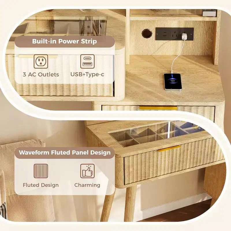 Set scrivania toeletta scanalata da 48" con specchio illuminato, stazione di ricarica e sgabello contenitore – Nero / Bianco / Legno, 1 persona