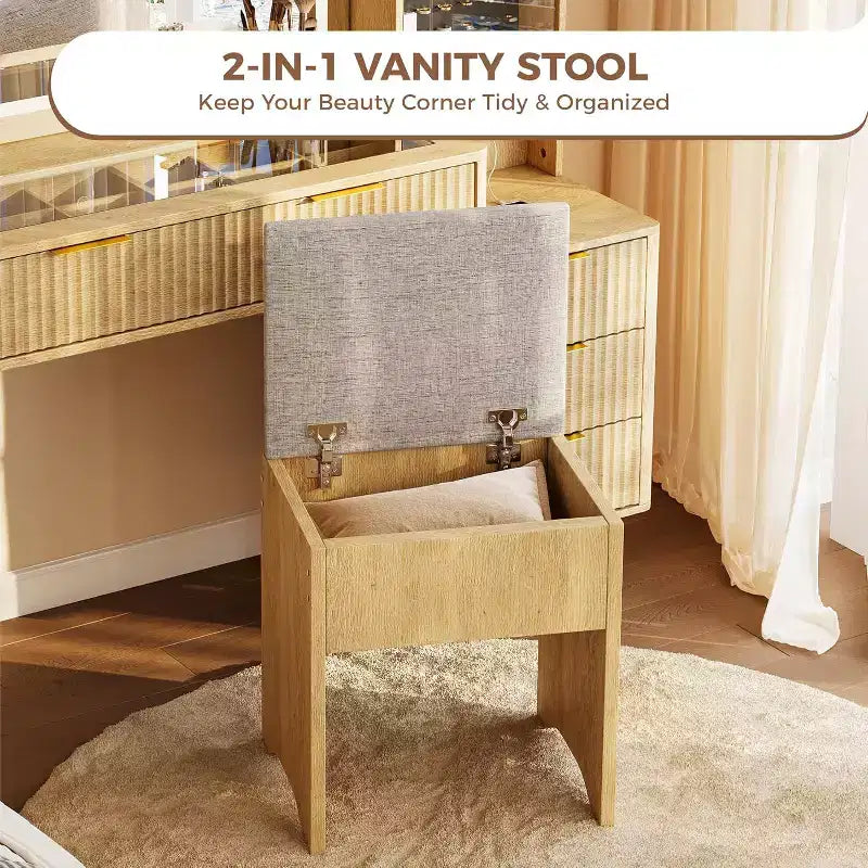 Set scrivania toeletta scanalata da 48" con specchio illuminato, stazione di ricarica e sgabello contenitore – Nero / Bianco / Legno, 1 persona