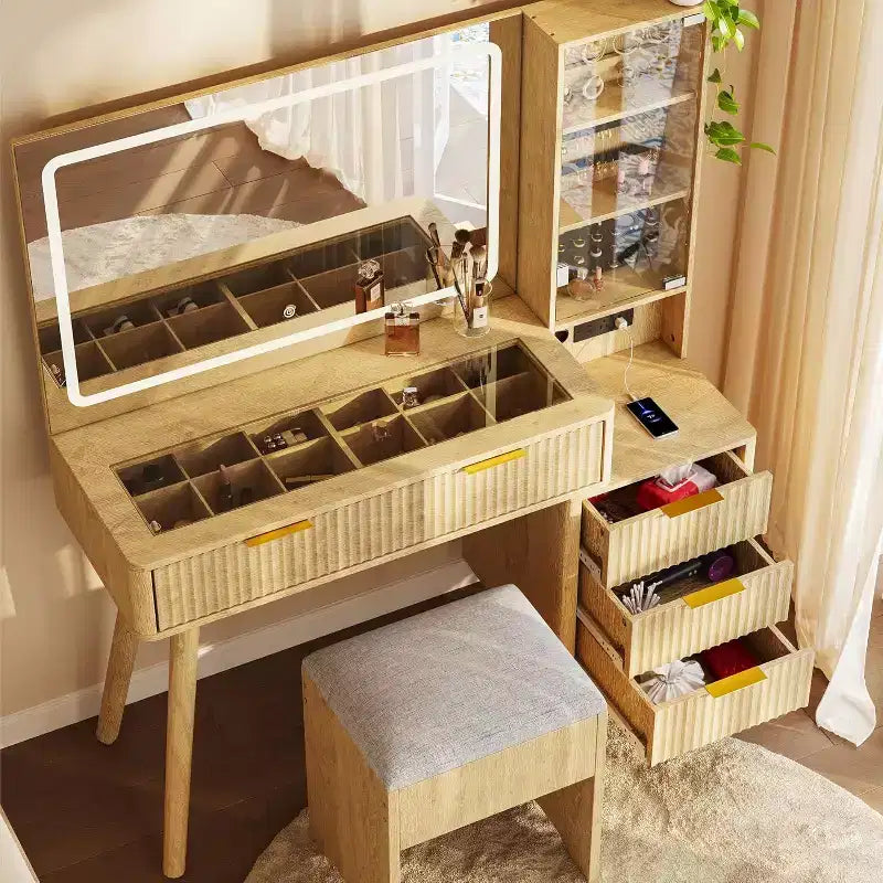 Set scrivania toeletta scanalata da 48" con specchio illuminato, stazione di ricarica e sgabello contenitore – Nero / Bianco / Legno, 1 persona
