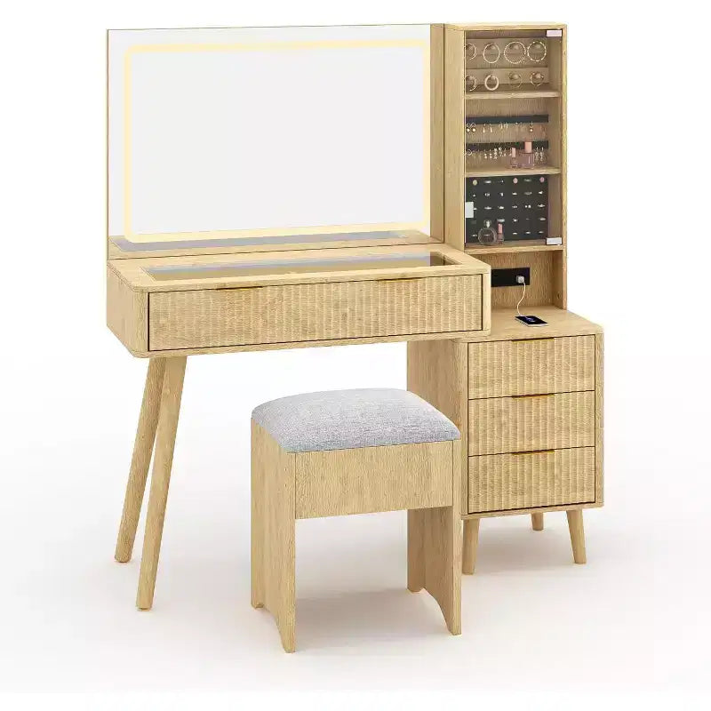 Set scrivania toeletta scanalata da 48" con specchio illuminato, stazione di ricarica e sgabello contenitore – Nero / Bianco / Legno, 1 persona