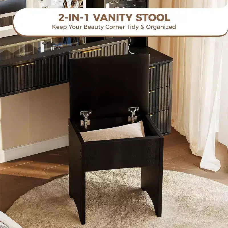 Set scrivania toeletta scanalata da 48" con specchio illuminato, stazione di ricarica e sgabello contenitore – Nero / Bianco / Legno, 1 persona