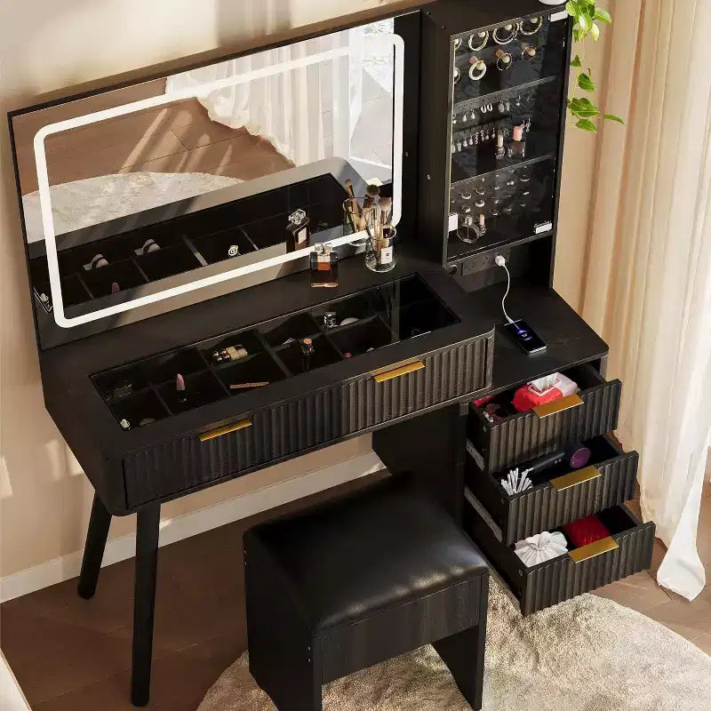 Set scrivania toeletta scanalata da 48" con specchio illuminato, stazione di ricarica e sgabello contenitore – Nero / Bianco / Legno, 1 persona