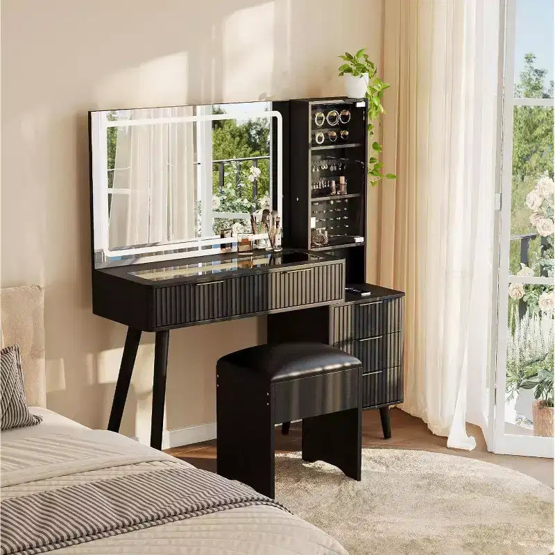 48 Fluted Makeup Vanity Desk with Large Lighted Mirror, Charging Station & Cushioned Storage Stool for Bedroom