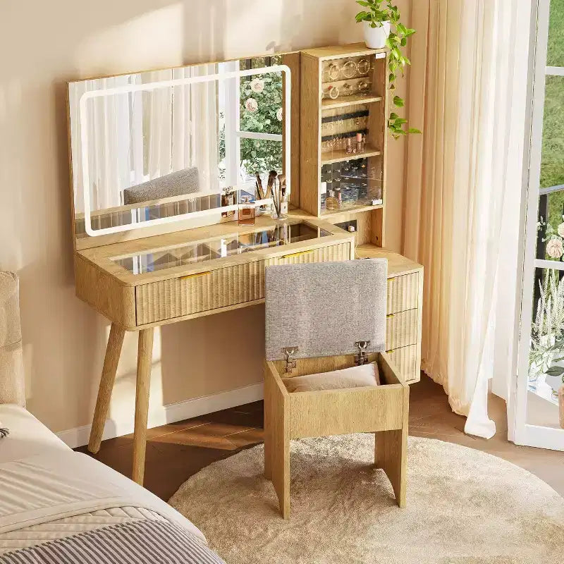 Set scrivania toeletta scanalata da 48" con specchio illuminato, stazione di ricarica e sgabello contenitore – Nero / Bianco / Legno, 1 persona