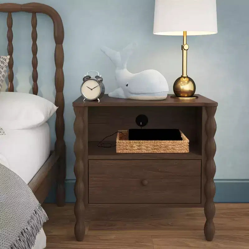 Comodino Spindle con cassetto e presa di ricarica, biondo/noce, 1 posto, bambini