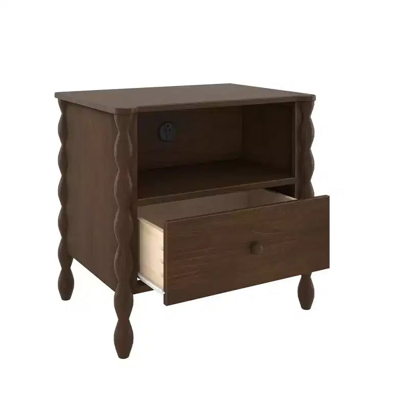 Comodino Spindle con cassetto e presa di ricarica, biondo/noce, 1 posto, bambini
