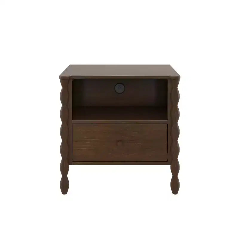 Comodino Spindle con cassetto e presa di ricarica, biondo/noce, 1 posto, bambini