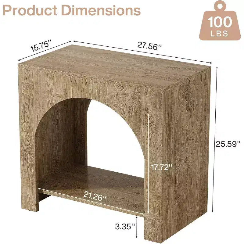 Tavolino laterale a semiarco in legno marrone con mobile contenitore, 2 ripiani
