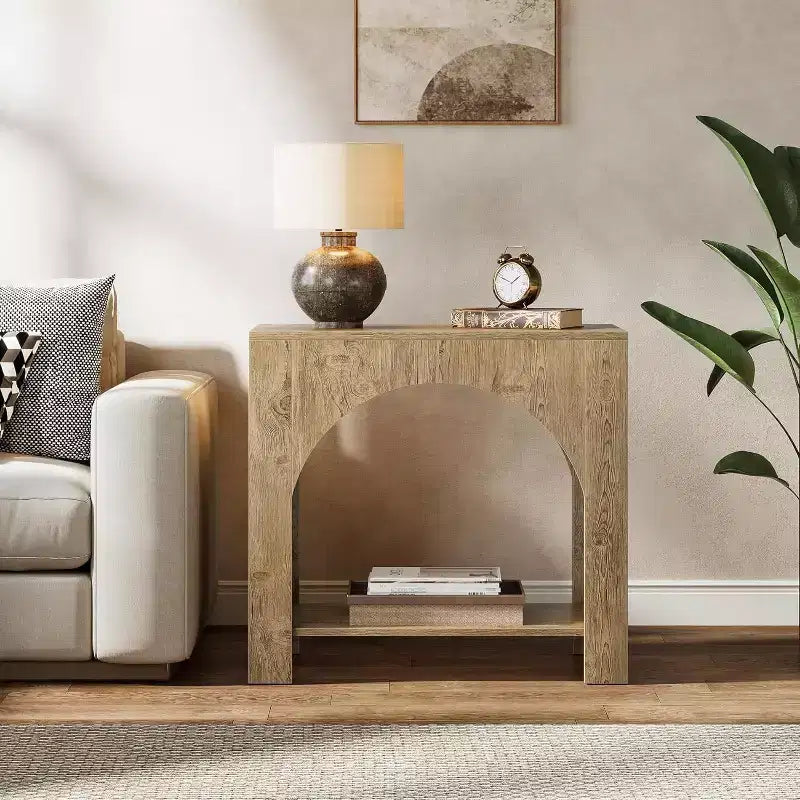 Tavolino laterale a semiarco in legno marrone con mobile contenitore, 2 ripiani