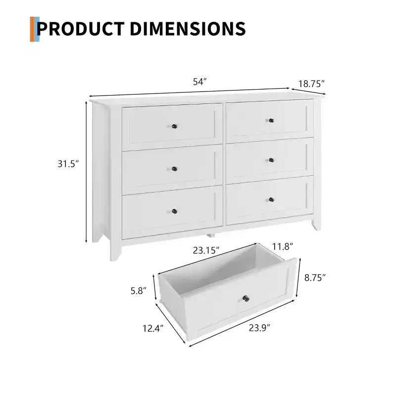 Comò bianco a 6 cassetti in legno – Organizzatore portaoggetti per camera da letto