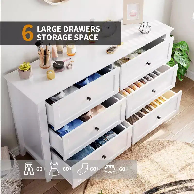 Comò bianco a 6 cassetti in legno – Organizzatore portaoggetti per camera da letto