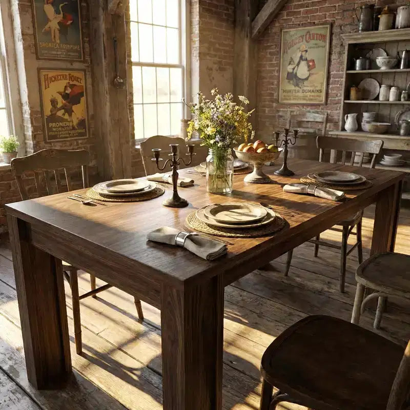 Tavolo da pranzo rettangolare stile rustico, ciliegio/noce, 6-8 posti