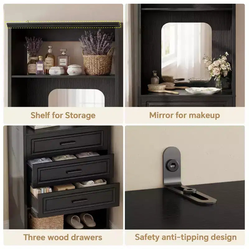 Organizzatore armadio indipendente con specchio e 3 cassetti, guardaroba per 1 persona – Beige / Nero / Bianco