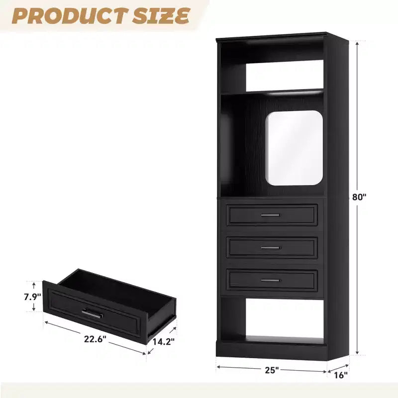 Organizzatore armadio indipendente con specchio e 3 cassetti, guardaroba per 1 persona – Beige / Nero / Bianco
