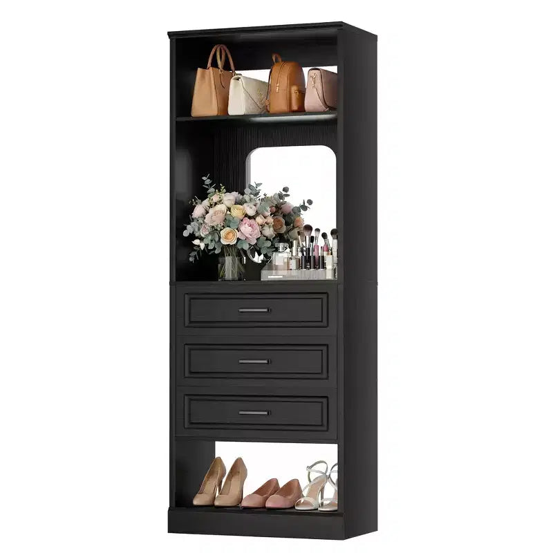 Organizzatore armadio indipendente con specchio e 3 cassetti, guardaroba per 1 persona – Beige / Nero / Bianco
