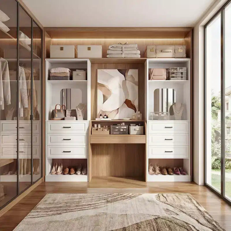 Organizzatore armadio indipendente con specchio e 3 cassetti, guardaroba per 1 persona – Beige / Nero / Bianco