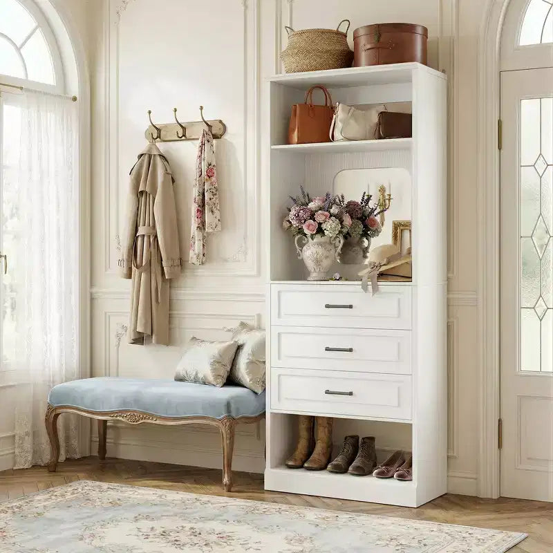 Organizzatore armadio indipendente con specchio e 3 cassetti, guardaroba per 1 persona – Beige / Nero / Bianco