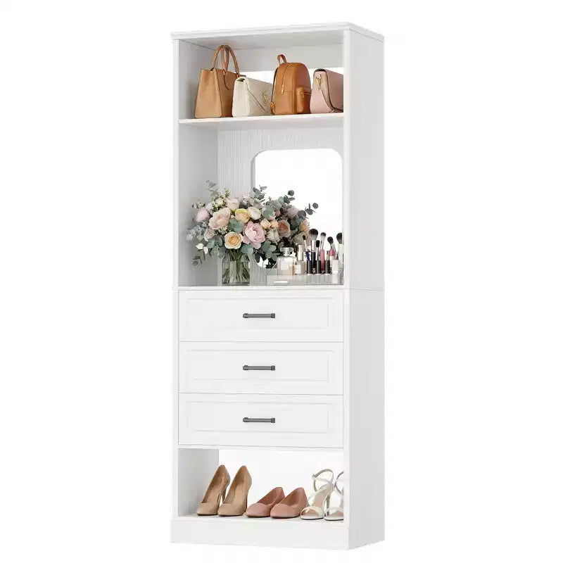 Organizzatore armadio indipendente con specchio e 3 cassetti, guardaroba per 1 persona – Beige / Nero / Bianco